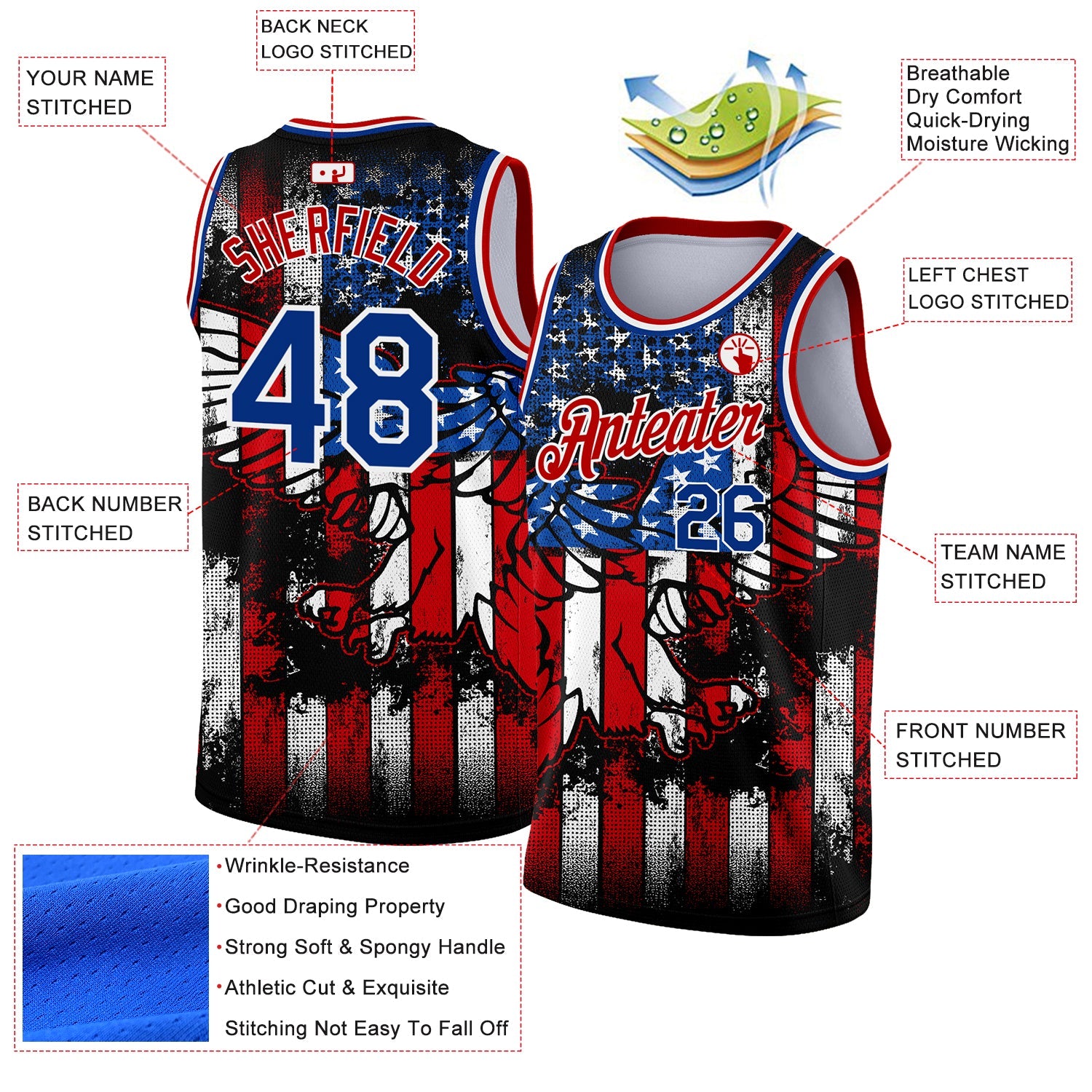 Custom Black Royal-Red 3D Eagle American Flag Authentic Basketball Jersey - Sky-Custom