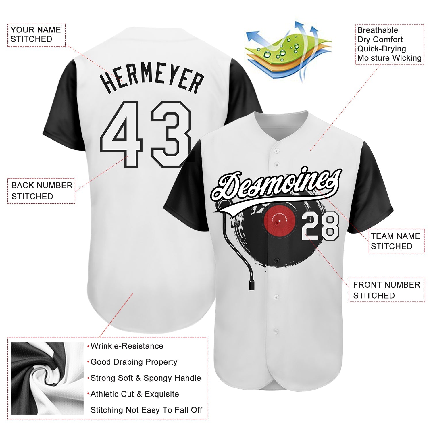 Custom White Black 3D Pattern Design Music Festival Vintage Vinyl Record Authentic Baseball Jersey - Sky-Custom