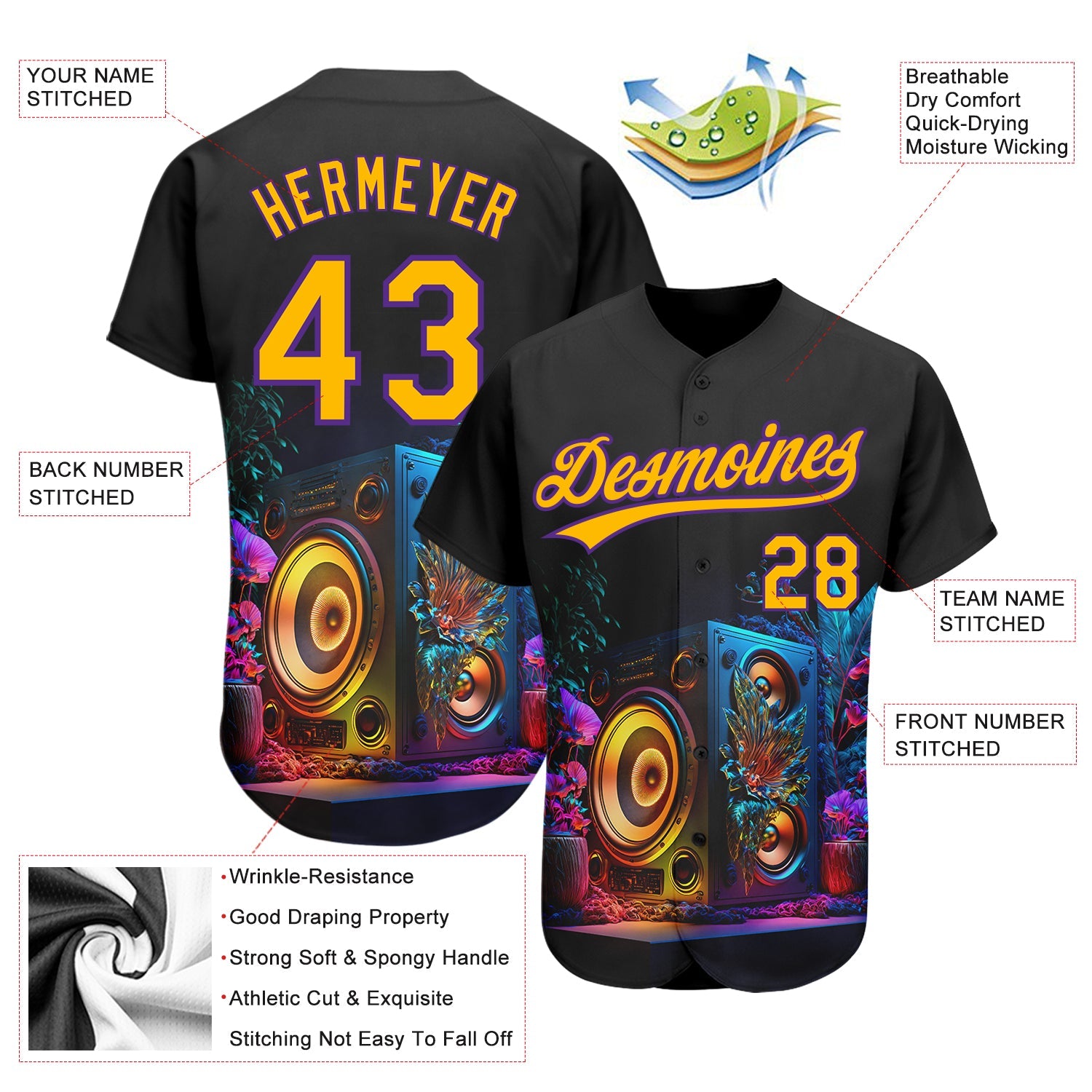 Custom Black Gold-Purple 3D Pattern Design Music Festival Vintage Speaker Music Sound System Authentic Baseball Jersey - Sky-Custom