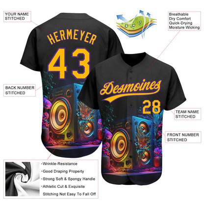 Custom Black Gold-Purple 3D Pattern Design Music Festival Vintage Speaker Music Sound System Authentic Baseball Jersey - Sky-Custom