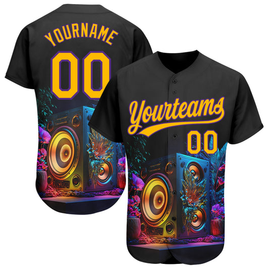 Custom Black Gold-Purple 3D Pattern Design Music Festival Vintage Speaker Music Sound System Authentic Baseball Jersey - Sky-Custom