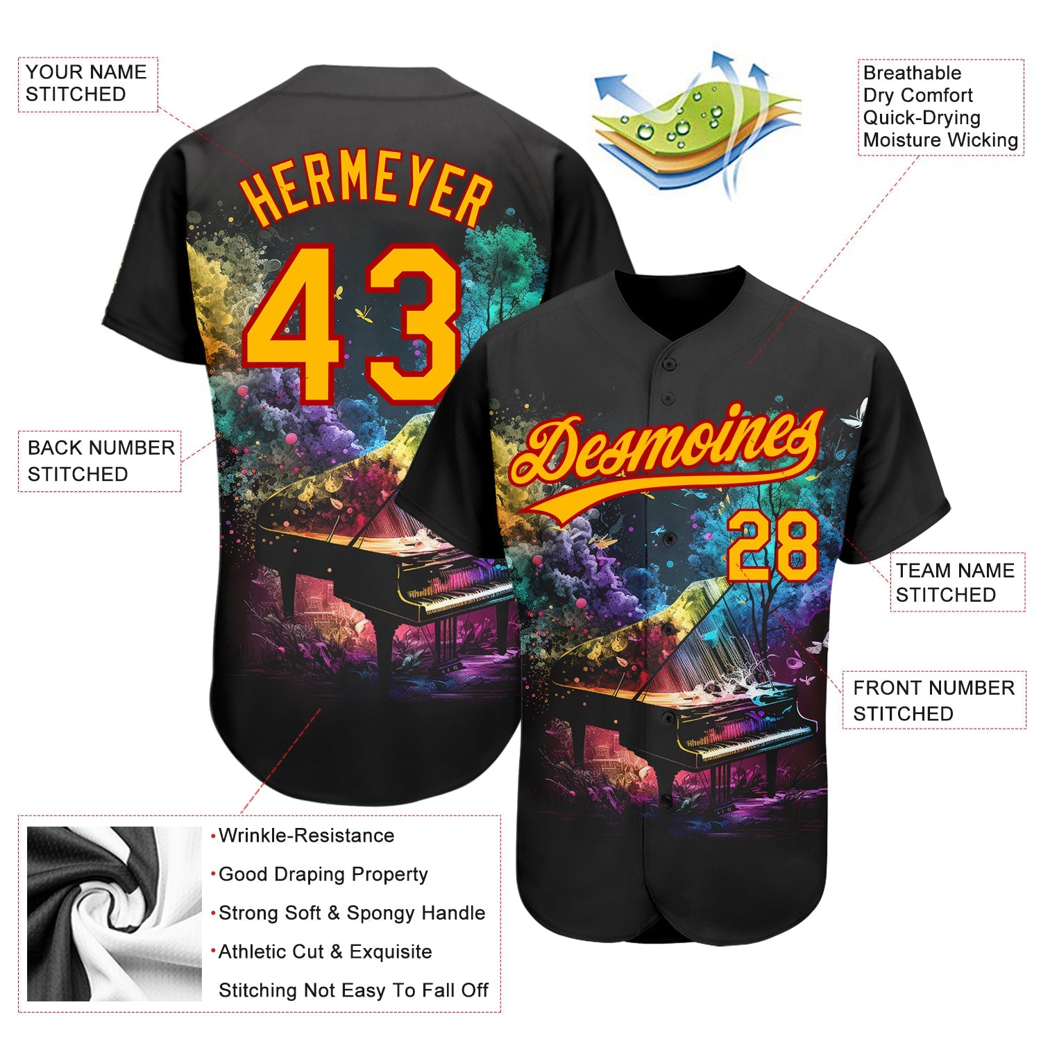 Custom Black Gold-Red 3D Pattern Design Music Festival Piano With Colorful Smoke Authentic Baseball Jersey - Sky-Custom