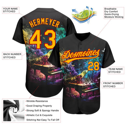 Custom Black Gold-Red 3D Pattern Design Music Festival Piano With Colorful Smoke Authentic Baseball Jersey - Sky-Custom