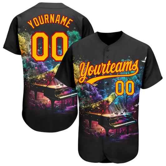 Custom Black Gold-Red 3D Pattern Design Music Festival Piano With Colorful Smoke Authentic Baseball Jersey - Sky-Custom