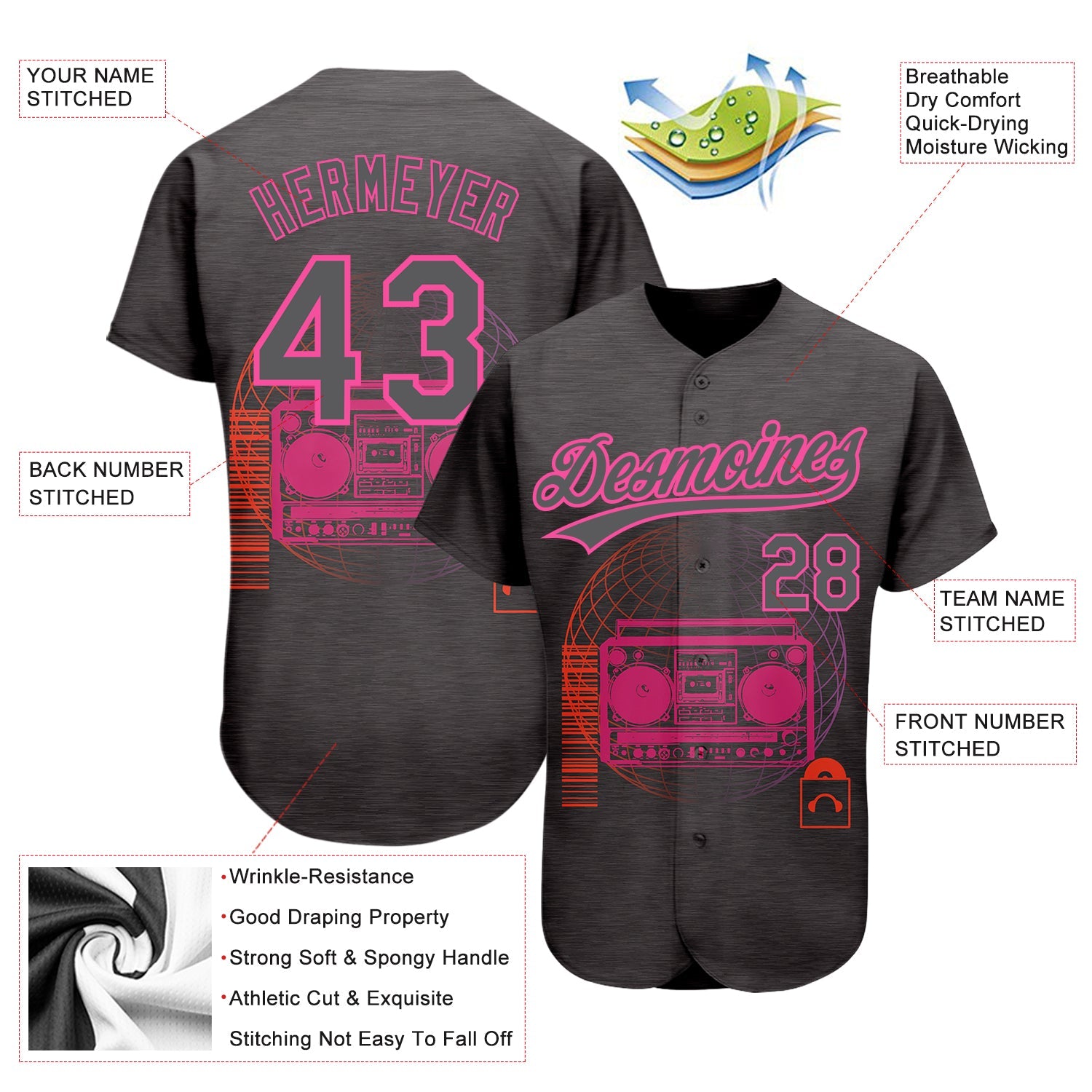 Custom Steel Gray Pink 3D Pattern Design Music Festival Old School Music Authentic Baseball Jersey - Sky-Custom