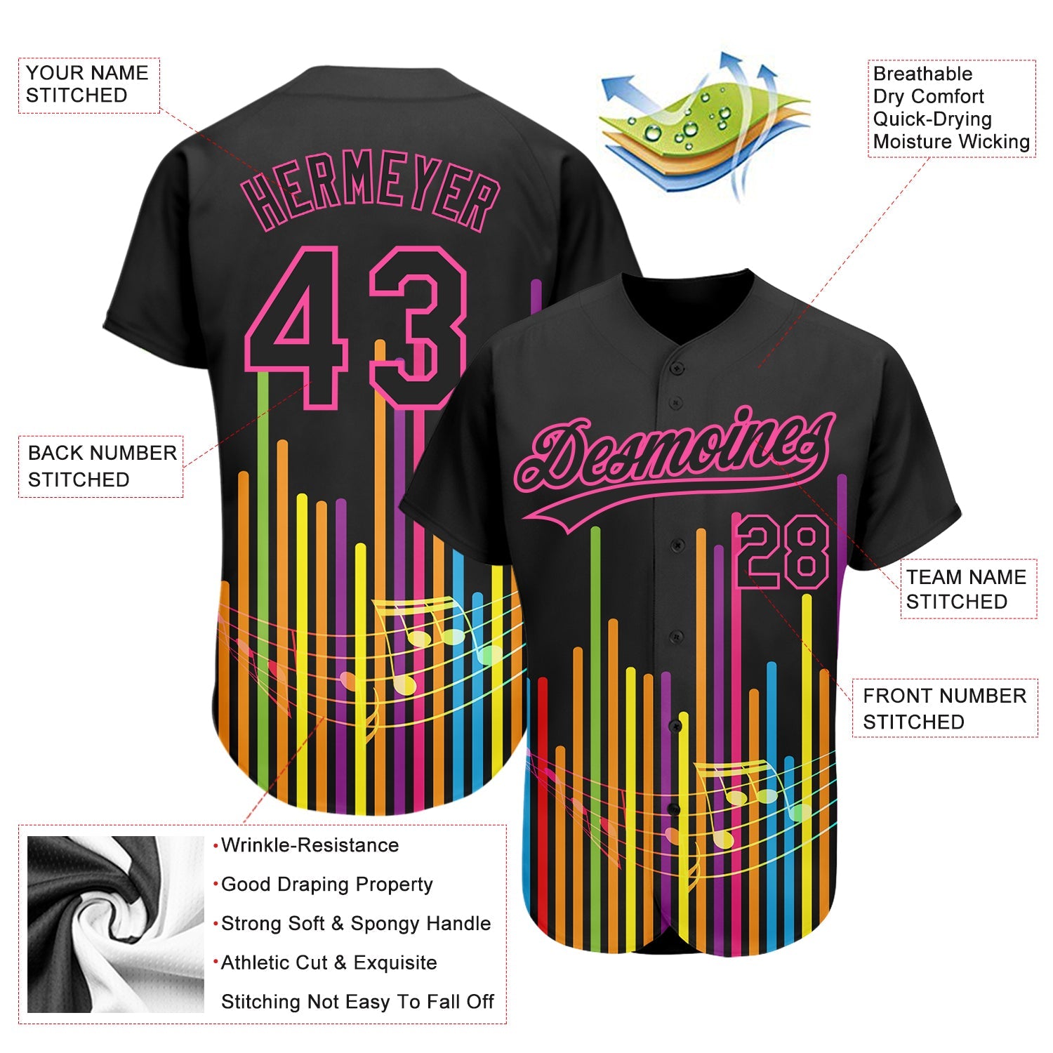 Custom Black Pink 3D Pattern Design Music Festival Abstract Music Soundwave Authentic Baseball Jersey - Sky-Custom