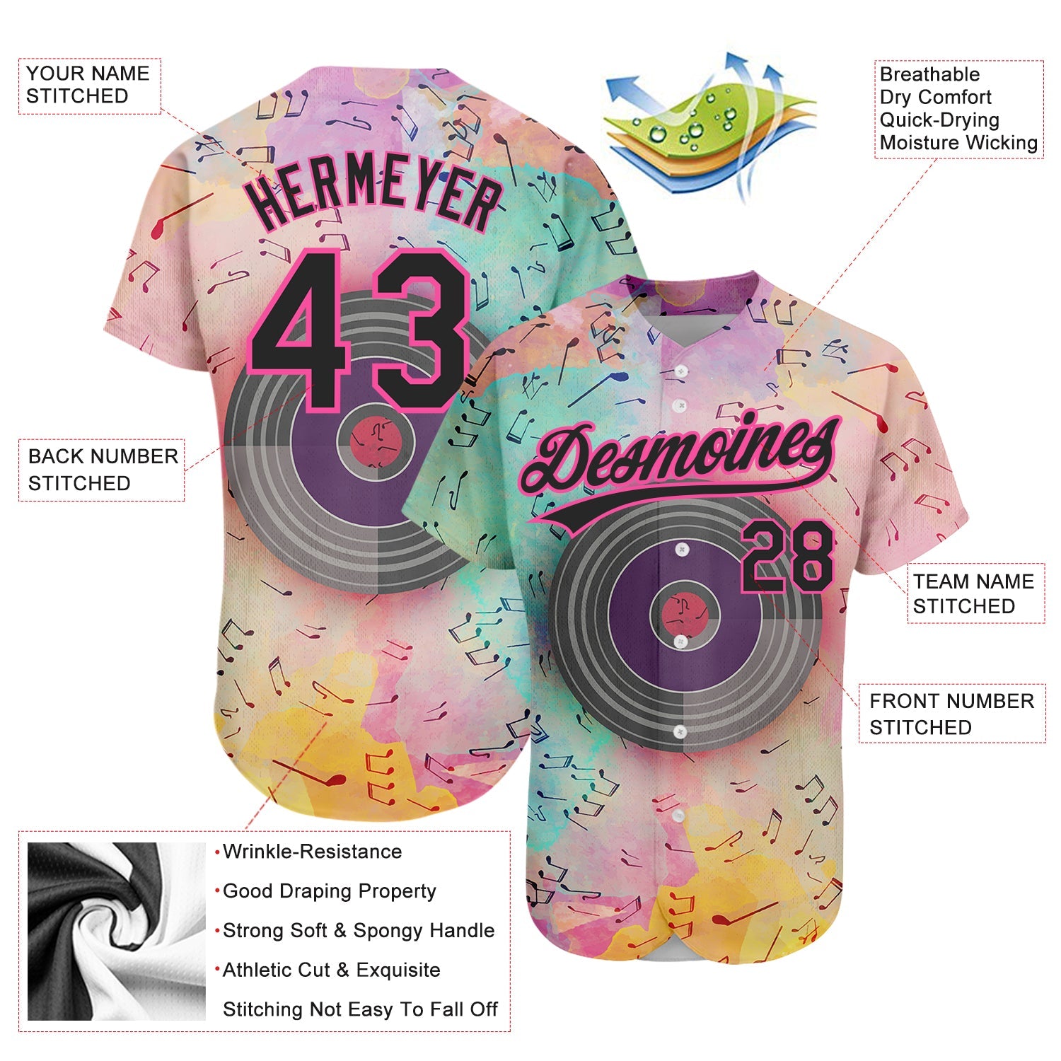 Custom Pink Black 3D Pattern Design Music Festival Watercolor Colored Musical Notes Authentic Baseball Jersey - Sky-Custom