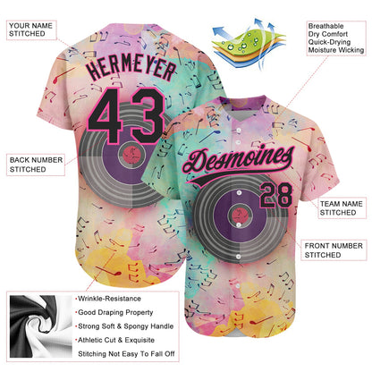 Custom Pink Black 3D Pattern Design Music Festival Watercolor Colored Musical Notes Authentic Baseball Jersey - Sky-Custom