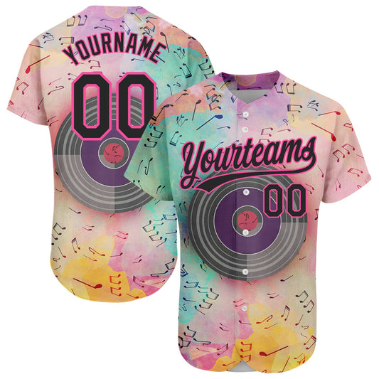 Custom Pink Black 3D Pattern Design Music Festival Watercolor Colored Musical Notes Authentic Baseball Jersey - Sky-Custom
