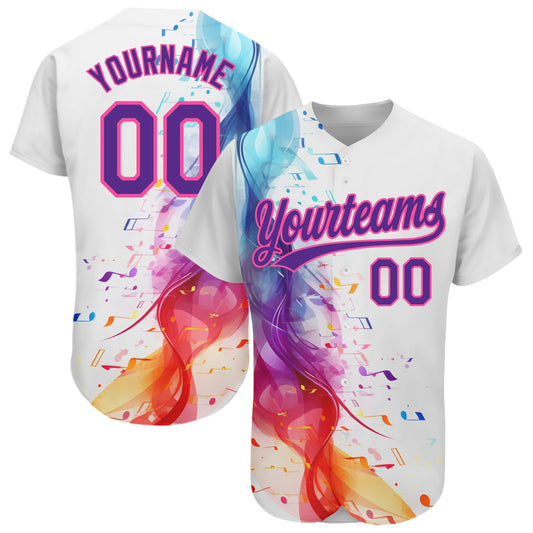 Custom White Purple-Pink 3D Pattern Design Music Festival Colorful Musical Notes Authentic Baseball Jersey - Sky-Custom