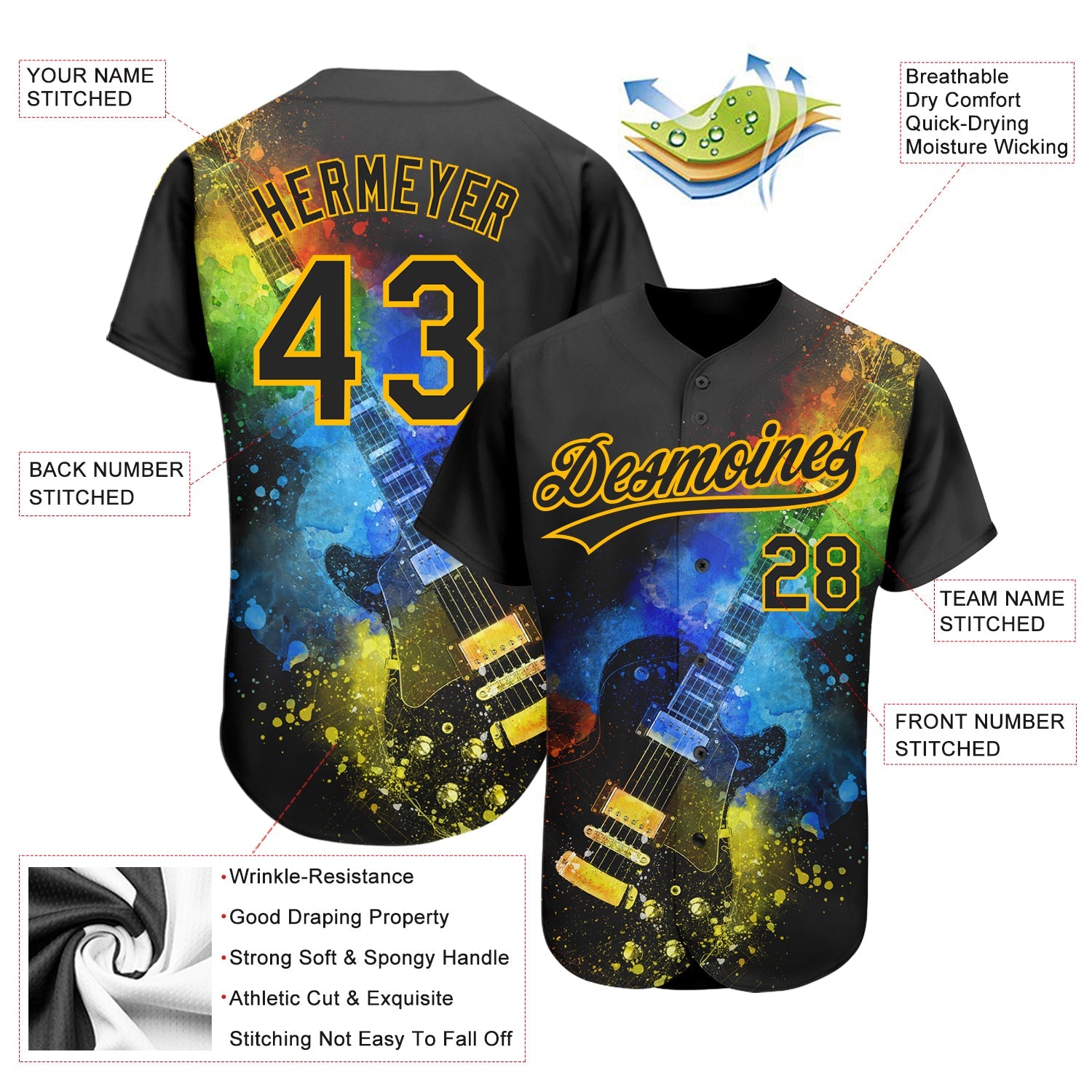 Custom Black Gold 3D Pattern Design Music Festival Guitar With Psychedelic Colors Authentic Baseball Jersey - Sky-Custom