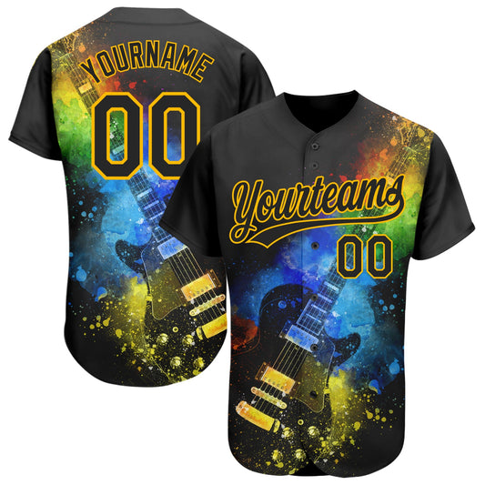 Custom Black Gold 3D Pattern Design Music Festival Guitar With Psychedelic Colors Authentic Baseball Jersey - Sky-Custom