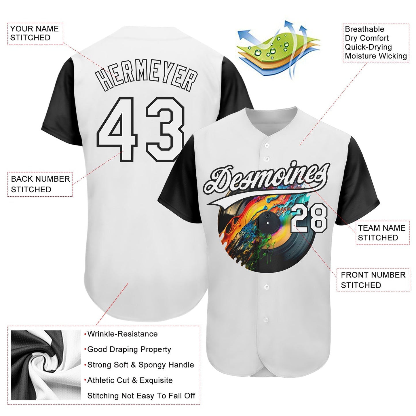 Custom White Black 3D Pattern Design Music Festival Record With Colorful Splatter Authentic Baseball Jersey - Sky-Custom