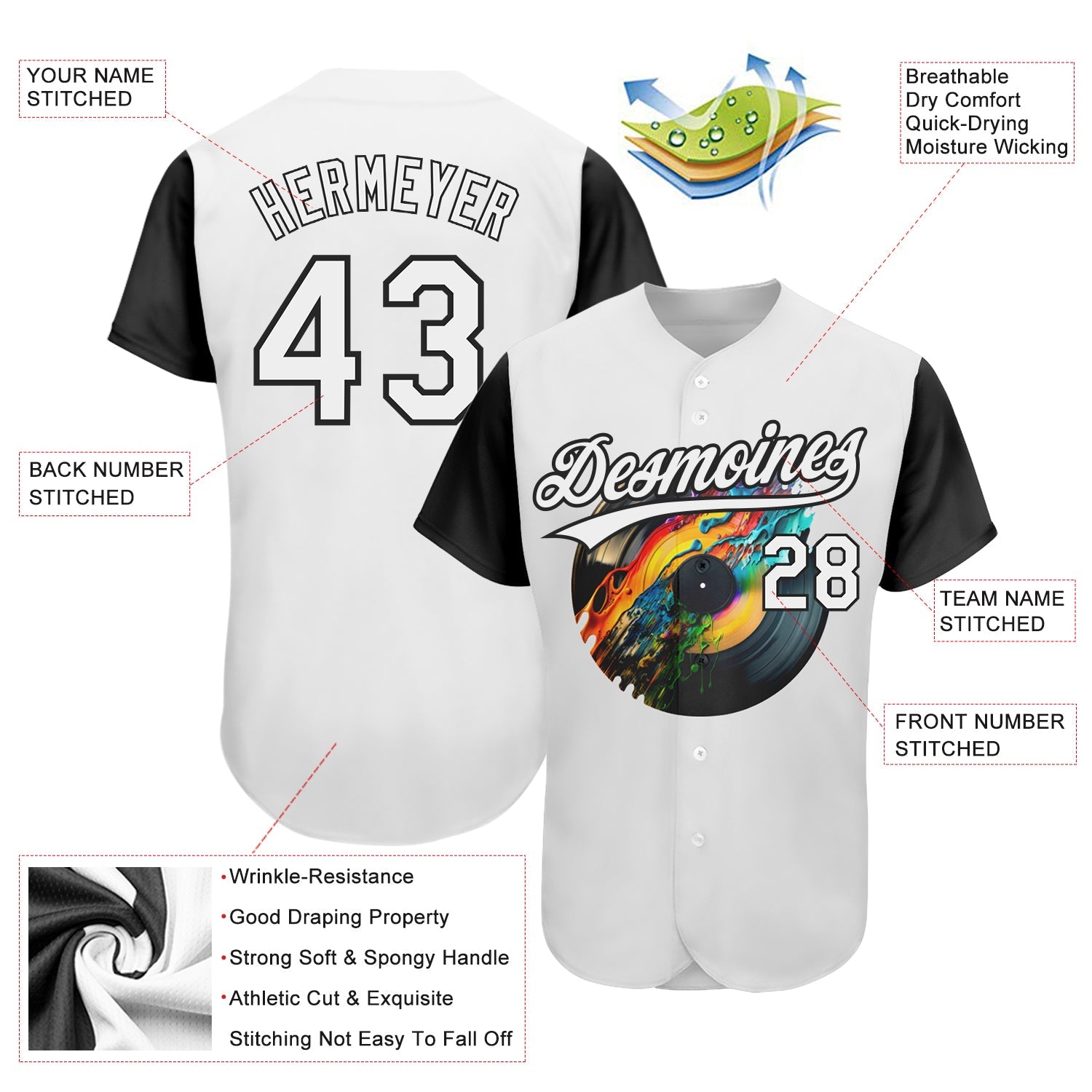 Custom White Black 3D Pattern Design Music Festival Record With Colorful Splatter Authentic Baseball Jersey - Sky-Custom