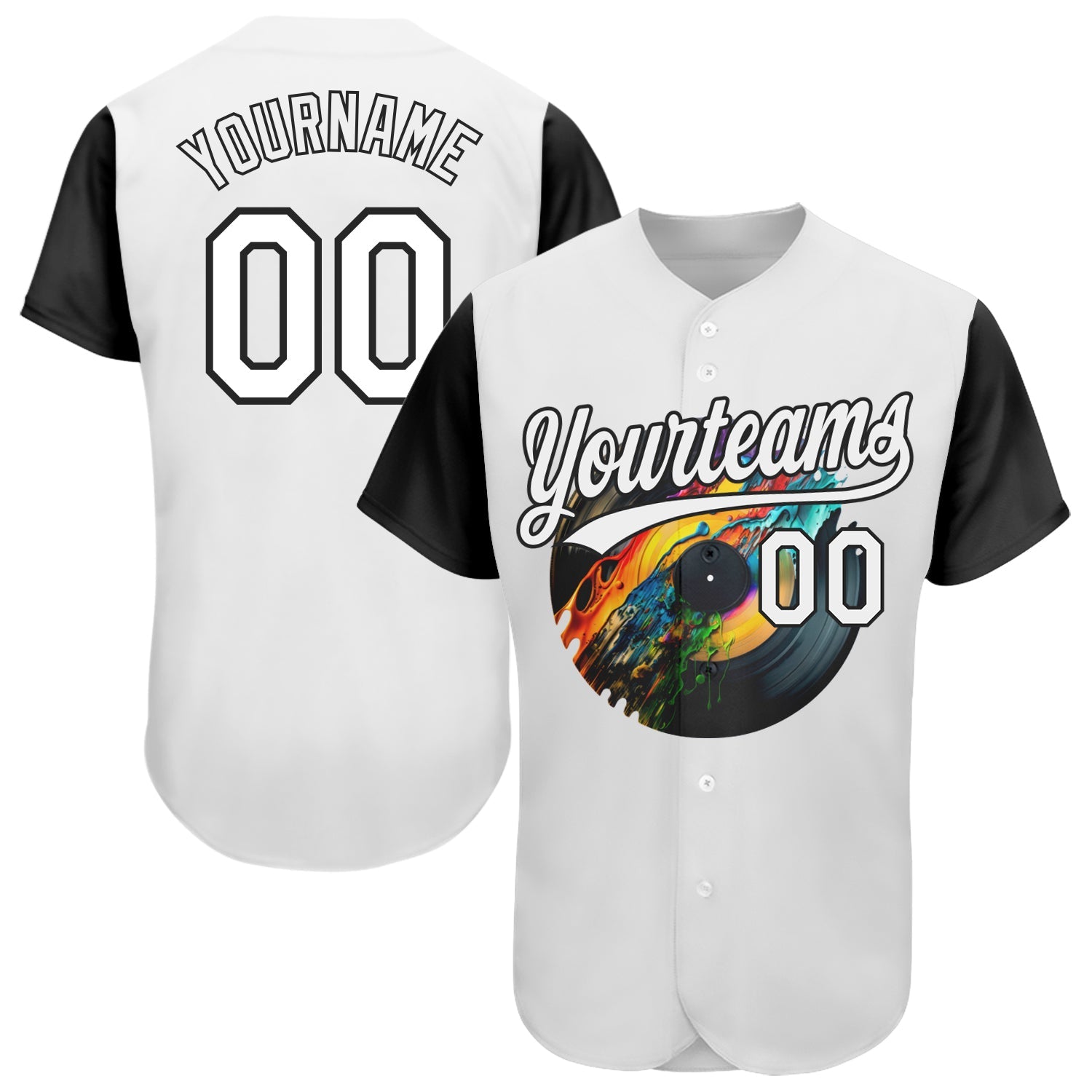 Custom White Black 3D Pattern Design Music Festival Record With Colorful Splatter Authentic Baseball Jersey - Sky-Custom