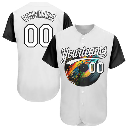 Custom White Black 3D Pattern Design Music Festival Record With Colorful Splatter Authentic Baseball Jersey - Sky-Custom