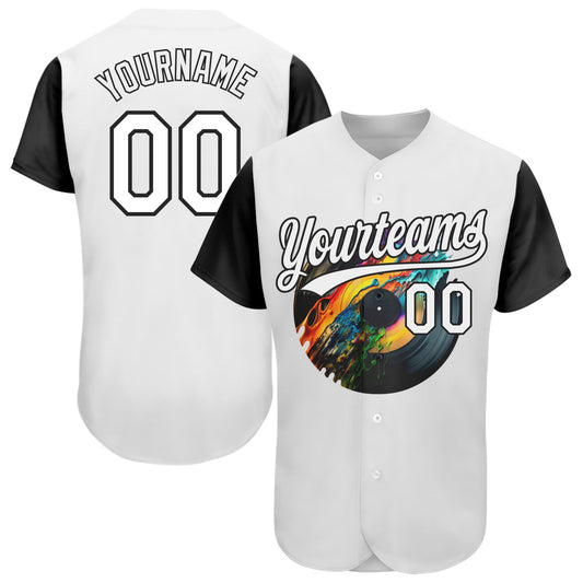 Custom White Black 3D Pattern Design Music Festival Record With Colorful Splatter Authentic Baseball Jersey - Sky-Custom