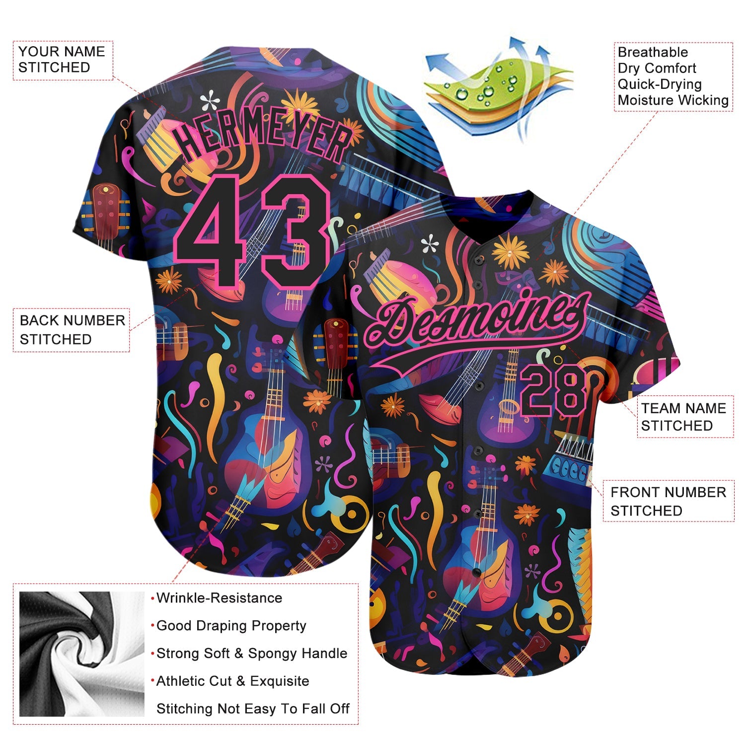 Custom Black Pink 3D Pattern Design Music Festival Musical Instruments Authentic Baseball Jersey - Sky-Custom