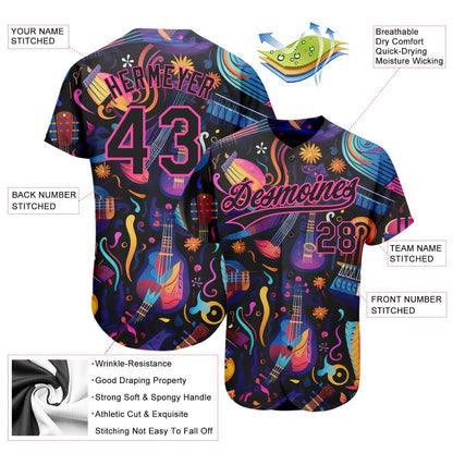 Custom Black Pink 3D Pattern Design Music Festival Musical Instruments Authentic Baseball Jersey - Sky-Custom
