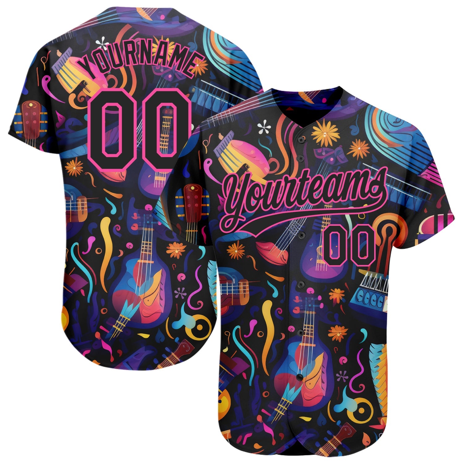Custom Black Pink 3D Pattern Design Music Festival Musical Instruments Authentic Baseball Jersey - Sky-Custom