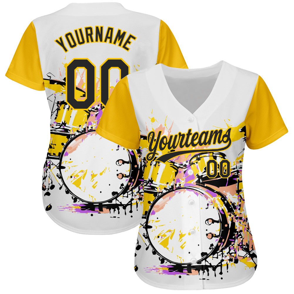 Custom White Black-Yellow 3D Pattern Design Music Festival Abstract Drum Set In Splash Authentic Baseball Jersey - Sky-Custom