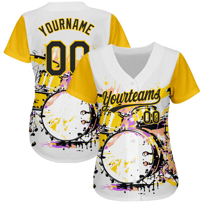 Custom White Black-Yellow 3D Pattern Design Music Festival Abstract Drum Set In Splash Authentic Baseball Jersey - Sky-Custom