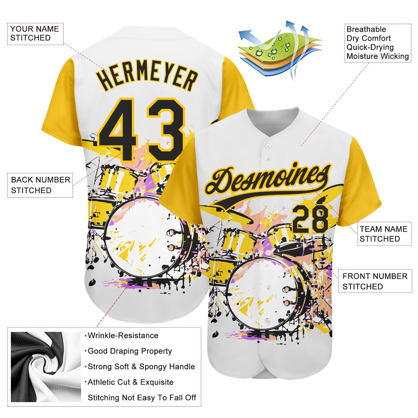 Custom White Black-Yellow 3D Pattern Design Music Festival Abstract Drum Set In Splash Authentic Baseball Jersey - Sky-Custom