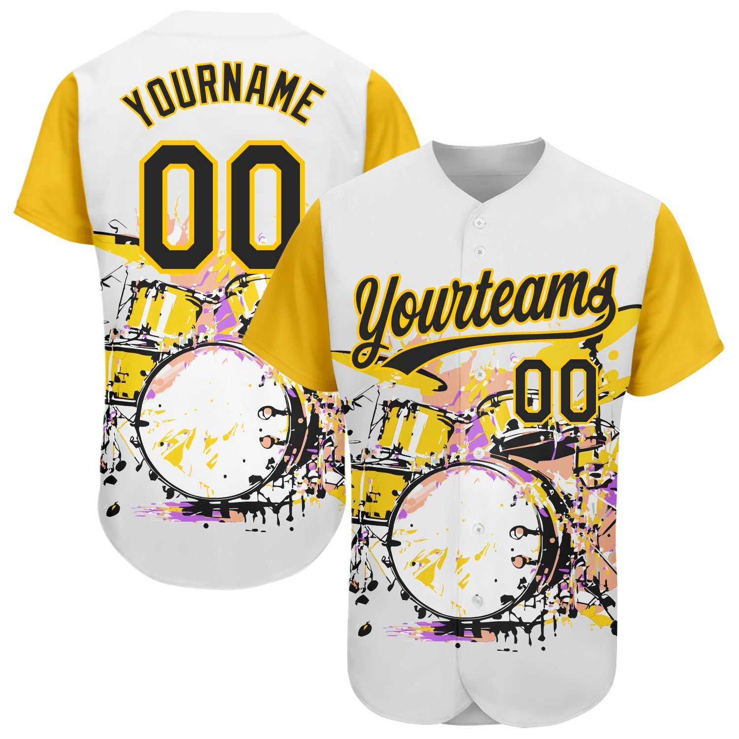 Custom White Black-Yellow 3D Pattern Design Music Festival Abstract Drum Set In Splash Authentic Baseball Jersey - Sky-Custom