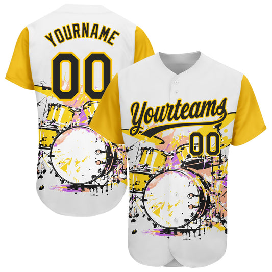 Custom White Black-Yellow 3D Pattern Design Music Festival Abstract Drum Set In Splash Authentic Baseball Jersey - Sky-Custom