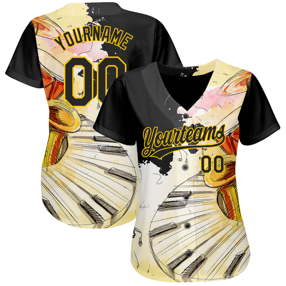 Custom White Black-Yellow 3D Pattern Design Music Festival Watercolor International Jazz Day Authentic Baseball Jersey - Sky-Custom