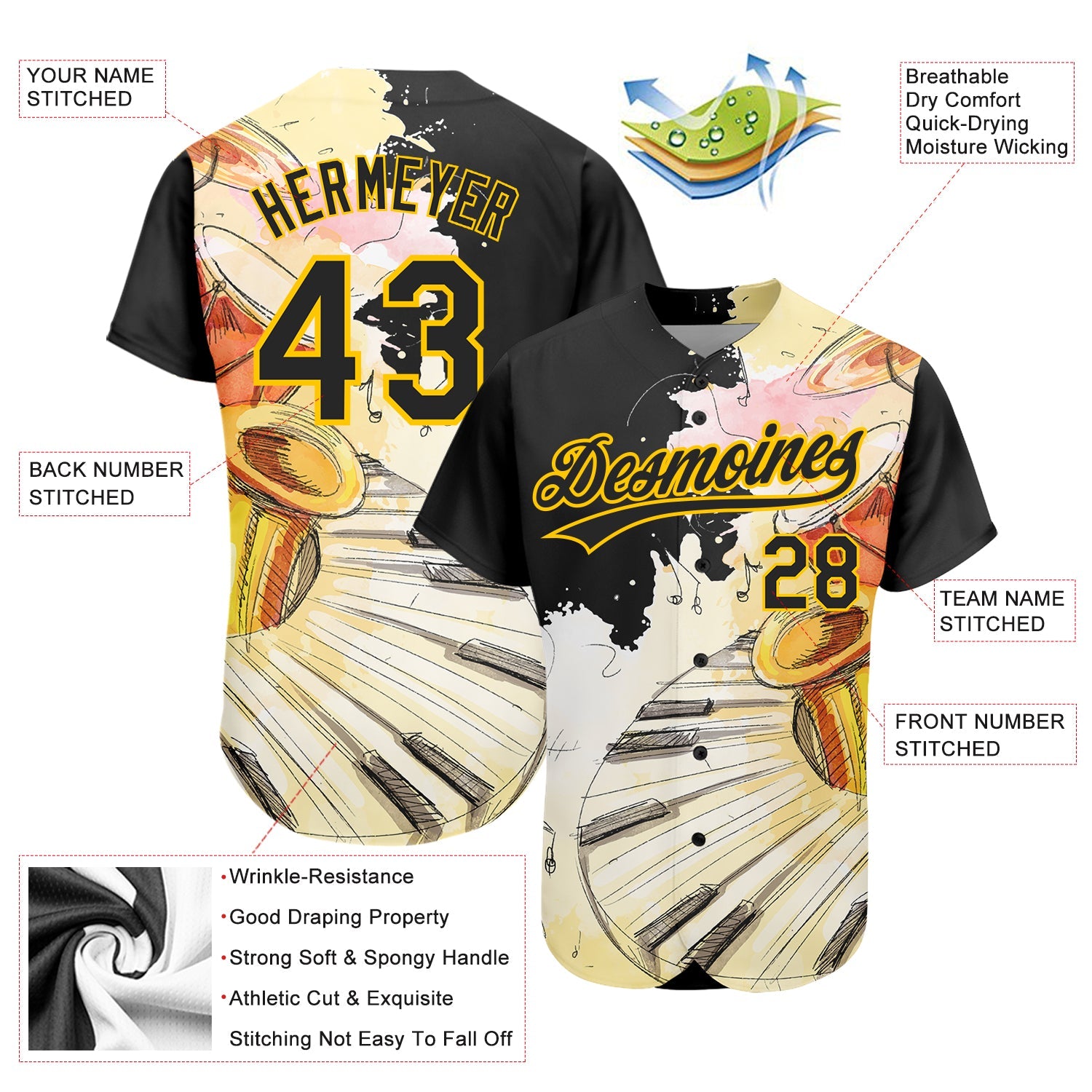 Custom White Black-Yellow 3D Pattern Design Music Festival Watercolor International Jazz Day Authentic Baseball Jersey - Sky-Custom