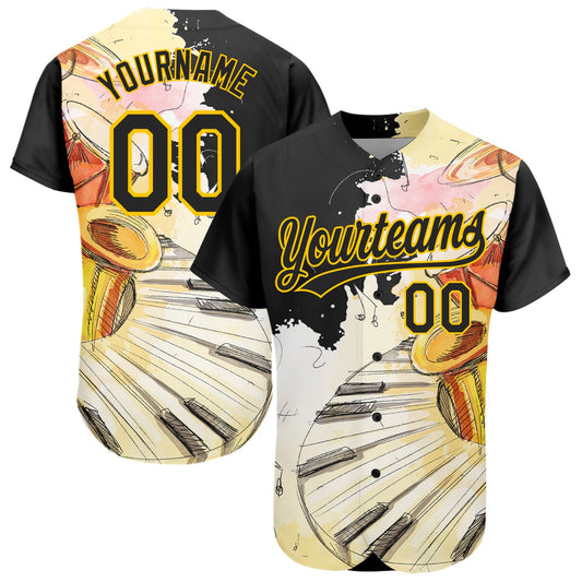 Custom White Black-Yellow 3D Pattern Design Music Festival Watercolor International Jazz Day Authentic Baseball Jersey - Sky-Custom