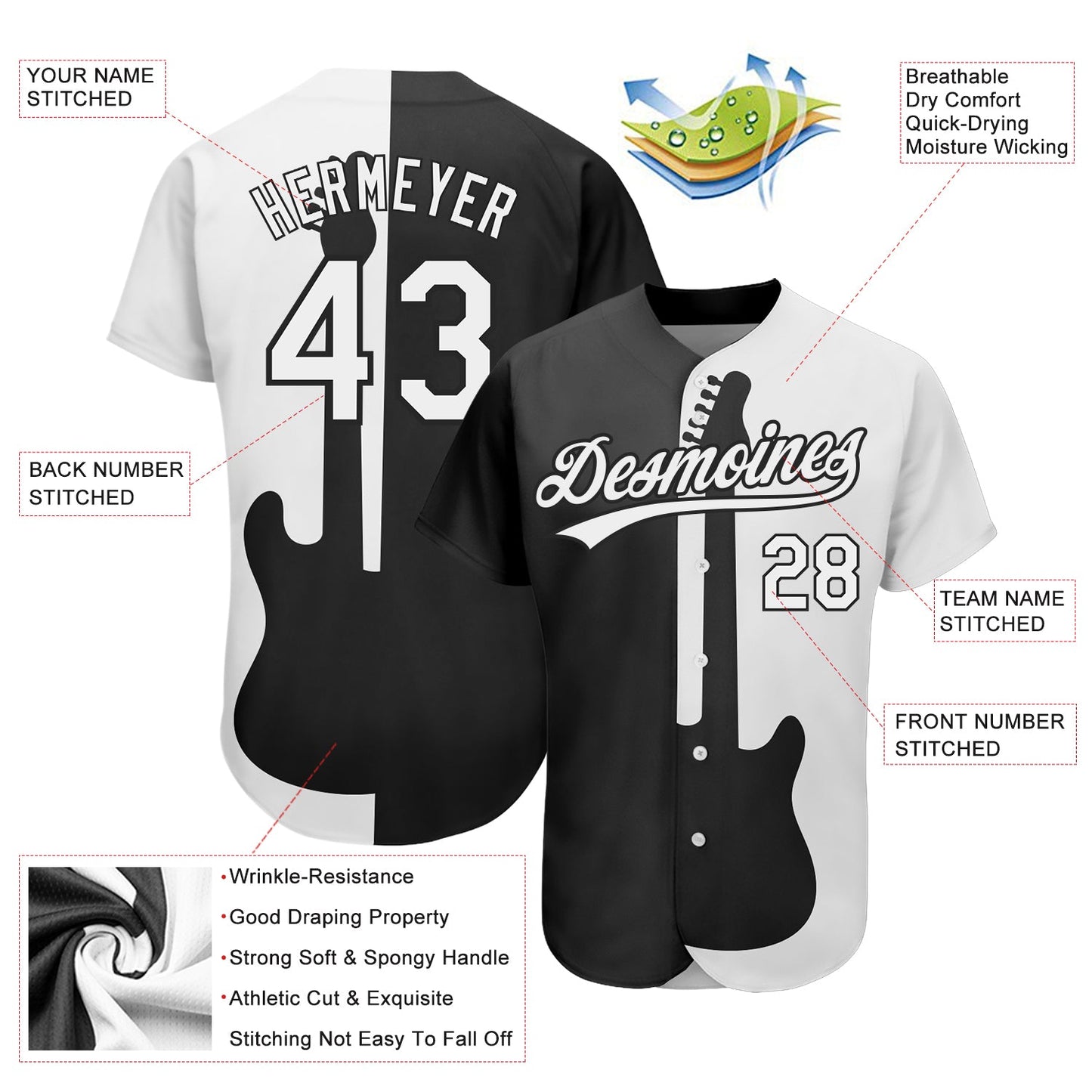Custom Black White 3D Pattern Design Music Festival Guitar Rock And Roll Authentic Baseball Jersey - Sky-Custom