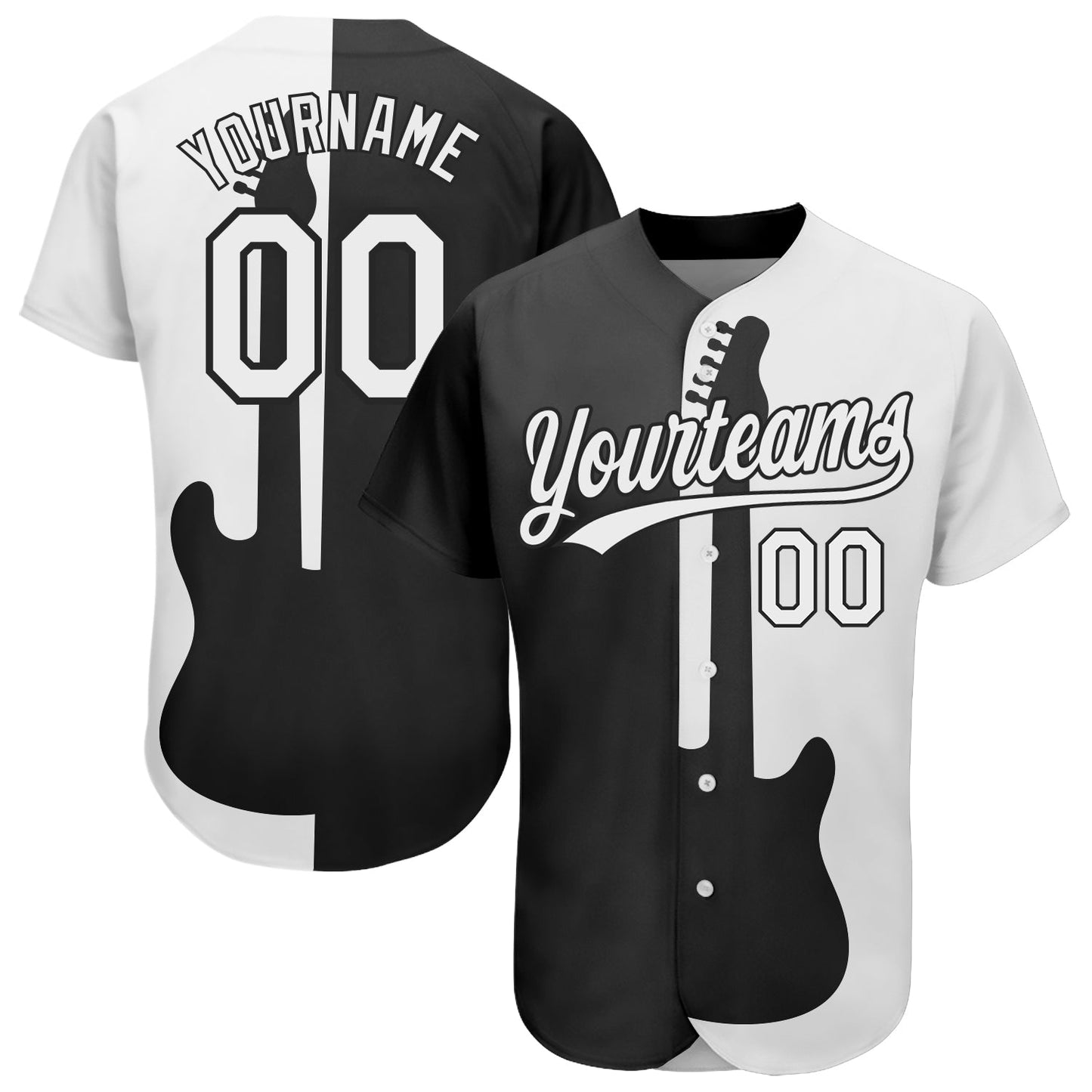 Custom Black White 3D Pattern Design Music Festival Guitar Rock And Roll Authentic Baseball Jersey - Sky-Custom