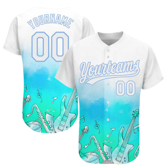 Custom White Light Blue 3D Pattern Design Music Festival Musical Instruments Authentic Baseball Jersey - Sky-Custom