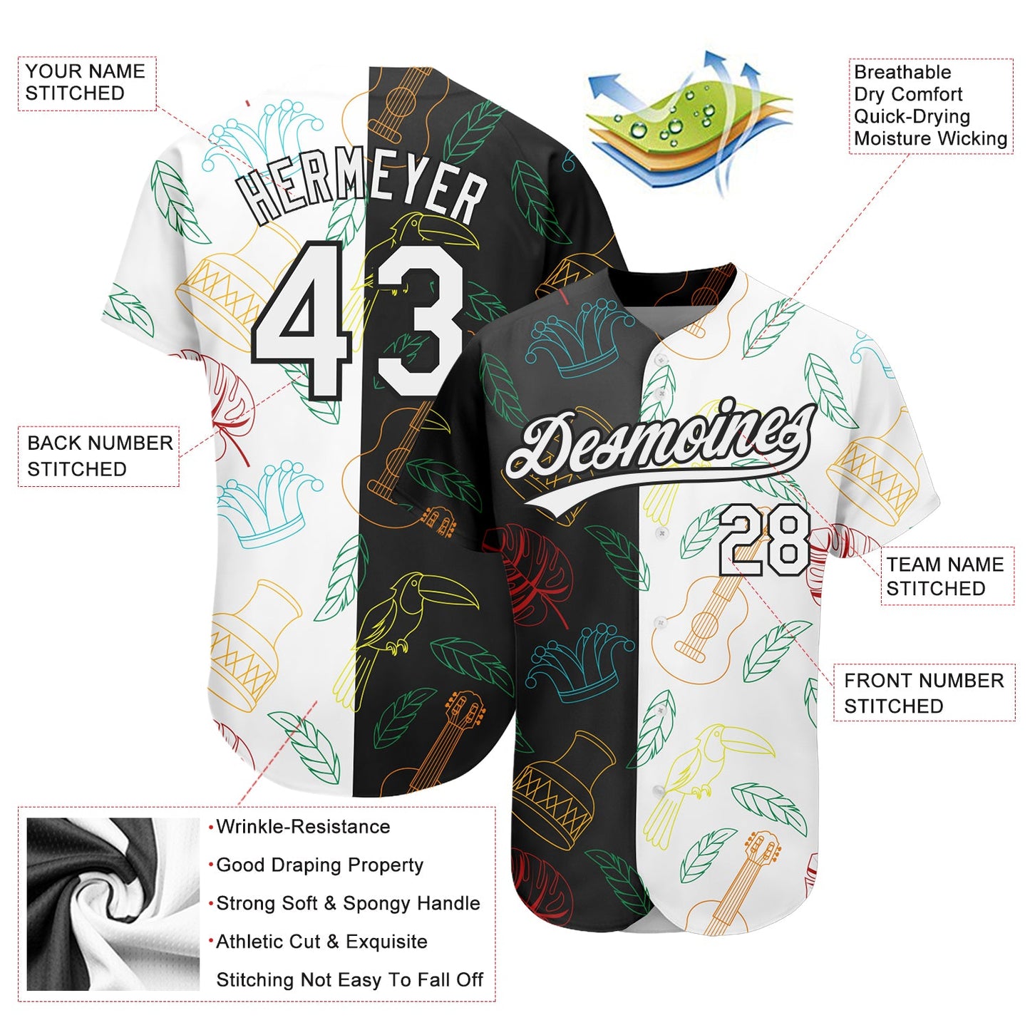 Custom Black White 3D Pattern Design Music Festival Brazilian Carnival Authentic Baseball Jersey - Sky-Custom