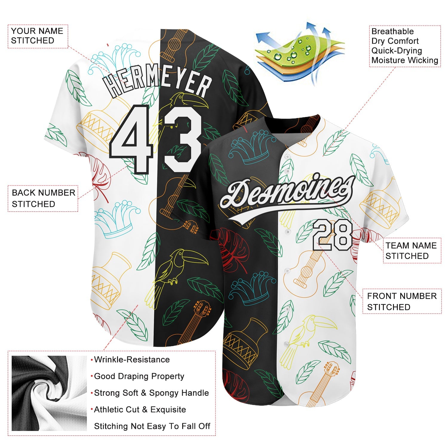 Custom Black White 3D Pattern Design Music Festival Brazilian Carnival Authentic Baseball Jersey - Sky-Custom
