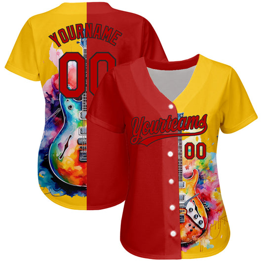Custom Yellow Red-Black 3D Pattern Design Music Festival Watercolor Guitar Authentic Baseball Jersey - Sky-Custom