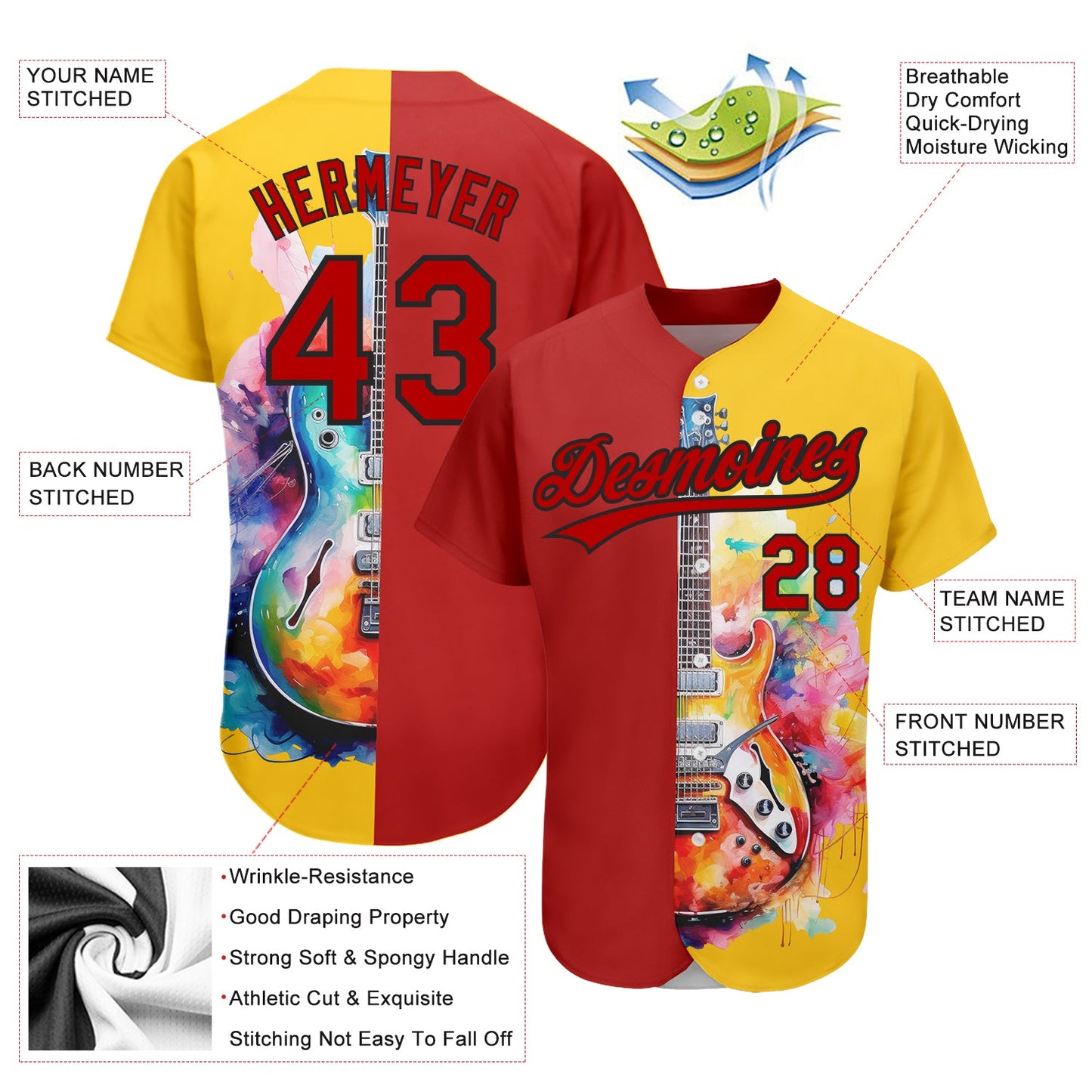 Custom Yellow Red-Black 3D Pattern Design Music Festival Watercolor Guitar Authentic Baseball Jersey - Sky-Custom