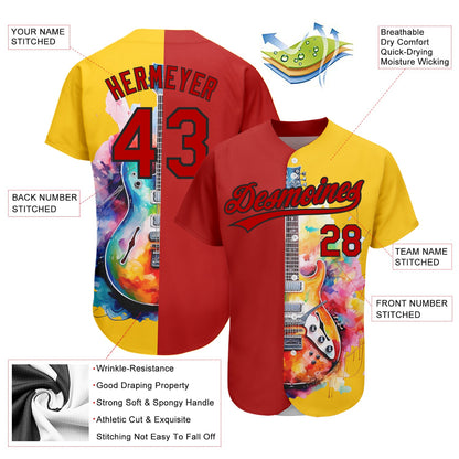 Custom Yellow Red-Black 3D Pattern Design Music Festival Watercolor Guitar Authentic Baseball Jersey - Sky-Custom
