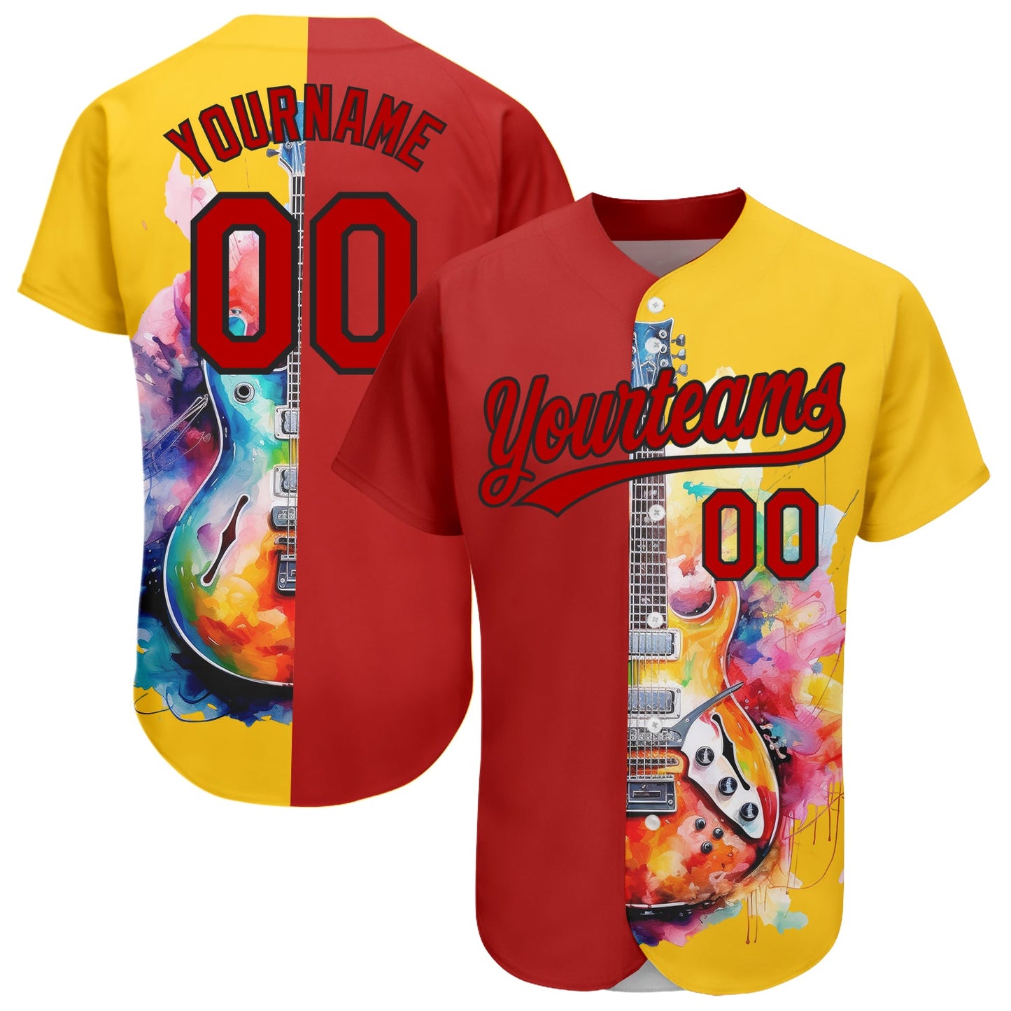 Custom Yellow Red-Black 3D Pattern Design Music Festival Watercolor Guitar Authentic Baseball Jersey - Sky-Custom