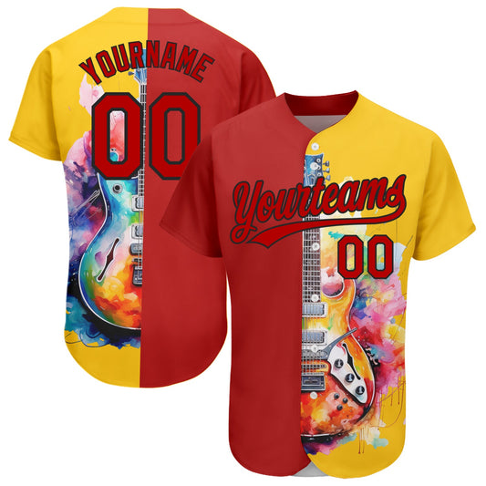 Custom Yellow Red-Black 3D Pattern Design Music Festival Watercolor Guitar Authentic Baseball Jersey - Sky-Custom