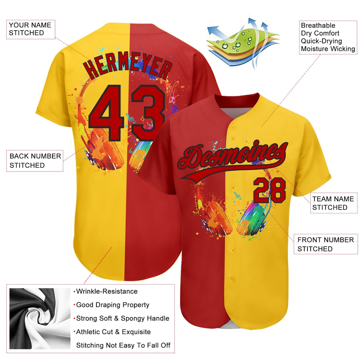 Custom Yellow Red-Black 3D Pattern Design Music Festival Watercolor Headphone With Musical Notes Authentic Baseball Jersey - Sky-Custom