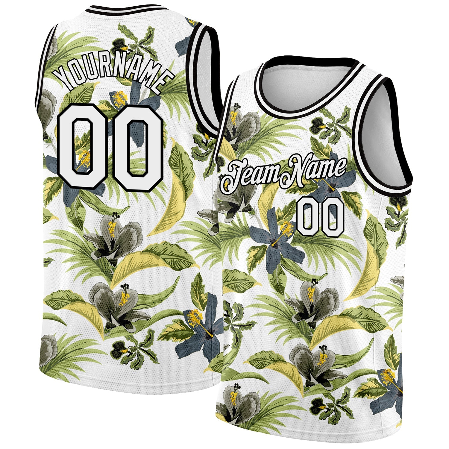 Custom White Black 3D Pattern Tropical Hawaii Plant And Flower Authentic Basketball Jersey - Sky-Custom