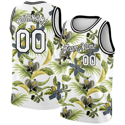 Custom White Black 3D Pattern Tropical Hawaii Plant And Flower Authentic Basketball Jersey - Sky-Custom