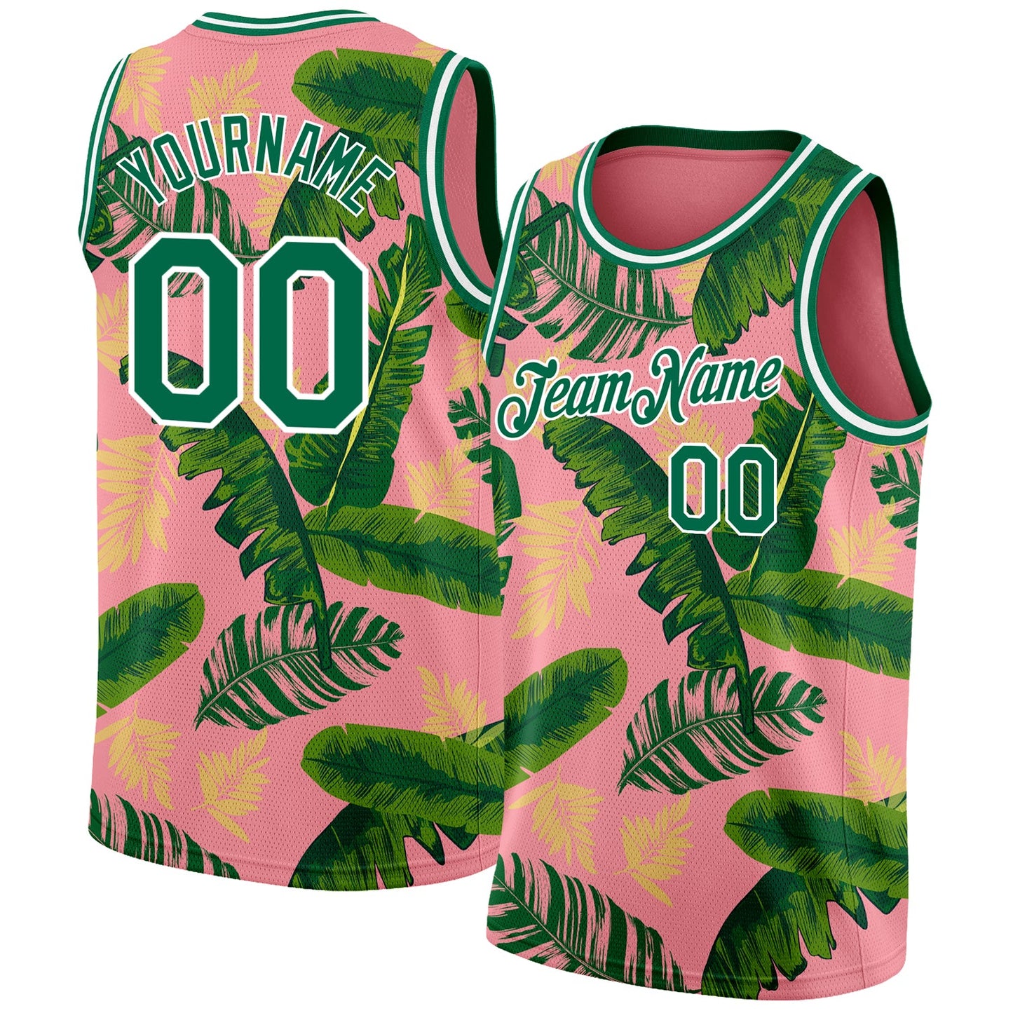 Custom Medium Pink Kelly Green-White 3D Pattern Tropical Hawaii Leaves Authentic Basketball Jersey - Sky-Custom