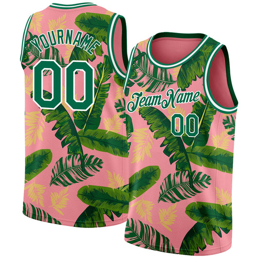 Custom Medium Pink Kelly Green-White 3D Pattern Tropical Hawaii Leaves Authentic Basketball Jersey - Sky-Custom