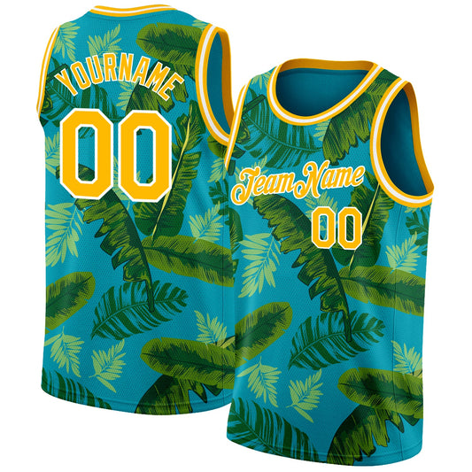 Custom Teal Gold-White 3D Pattern Tropical Hawaii Leaves Authentic Basketball Jersey - Sky-Custom