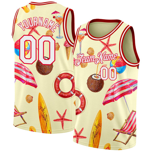 Custom Cream White-Red 3D Pattern Tropical Hawaii Beach Authentic Basketball Jersey - Sky-Custom