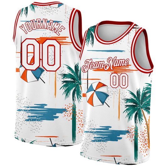 Custom White Red 3D Pattern Tropical Beach Hawaii Palm Trees Authentic Basketball Jersey - Sky-Custom